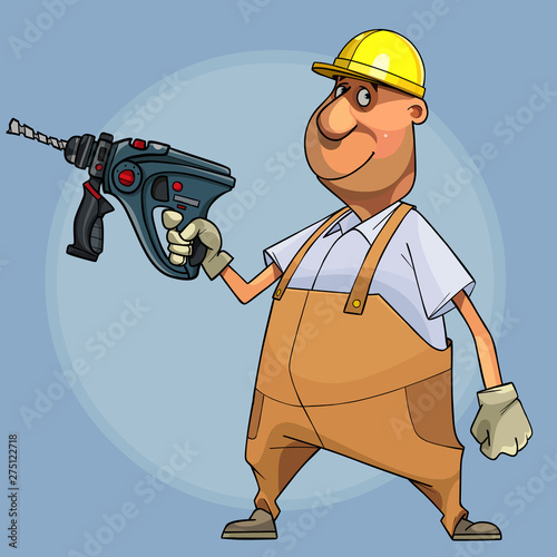 cartoon smiling male builder in a helmet holds a drill in his hand