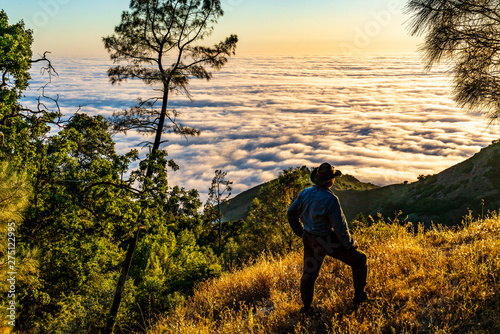 Cowboy at Sunset on Mountain Above Clouds