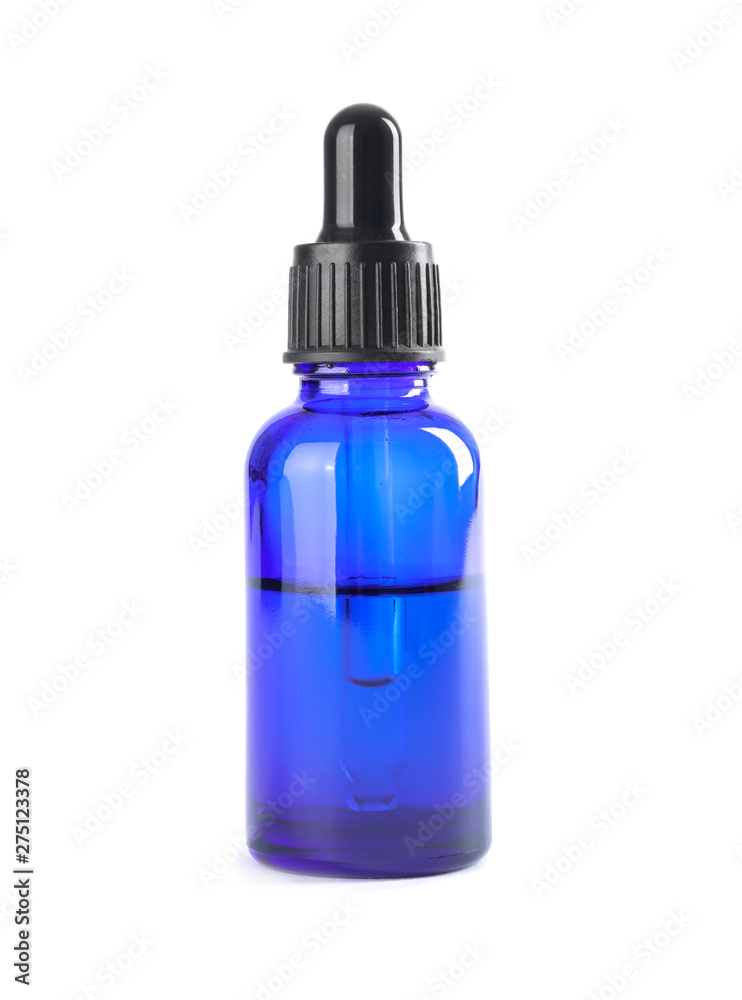 Bottle of herbal essential oil isolated on white Bottle of herbal essential oil isolated on white