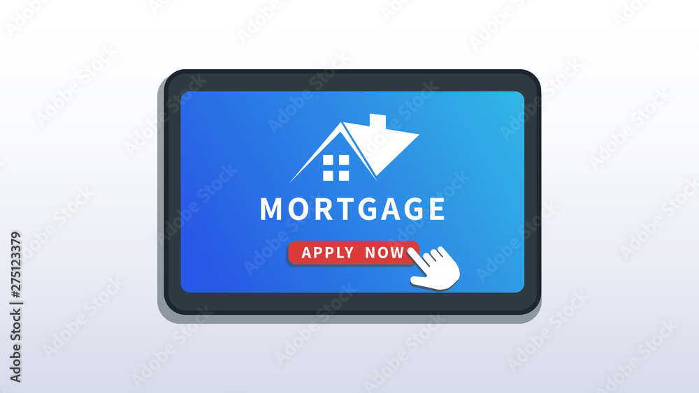 Home mortgage online service, mobile app. Buy real estate, mortgage loan application. Flat smartphone or tablet with house logo and cursor pointer click apply now button isolated on white background.. Home mortgage online service, mobile app. Buy real estate, mortgage loan application. Flat smartphone or tablet with house logo and cursor pointer click apply now button isolated on white background..