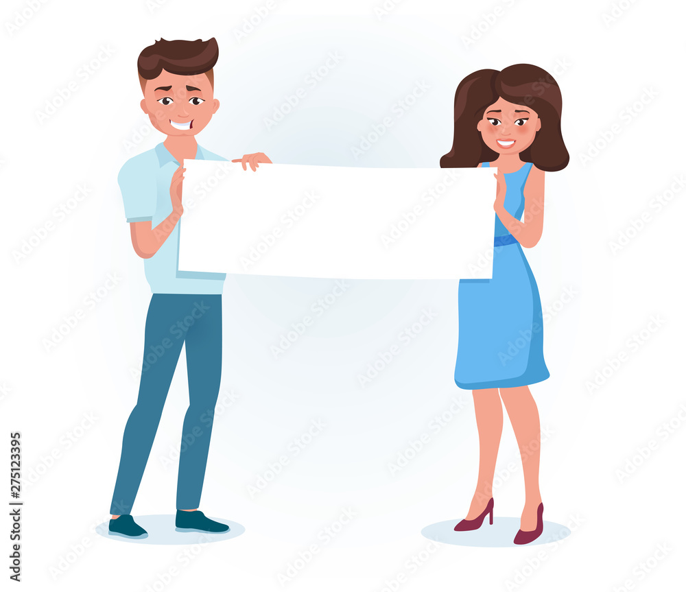 Man and woman present an idea. Cartoon characters with paper document isolated on white background. Man and woman present an idea. Cartoon characters with paper document isolated on white background.