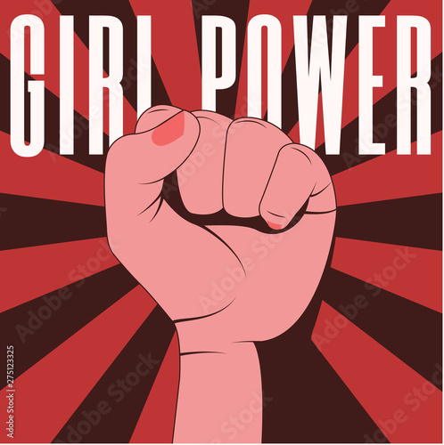 Girl power. Red vector poster with female hand with clenched fist.