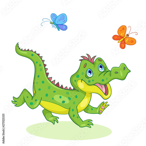 Funny little crocodile  runs for butterflies. In cartoon style. isolated on white background. Vector illustration.