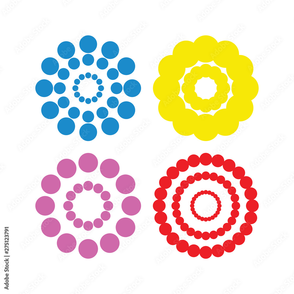Concentric circles collection on white background, halftone dots, colorful vector illustration