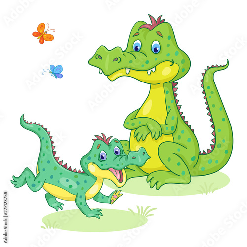Two funny crocodiles - mother and baby. In cartoon style. Isolated on white background. Vector illustration.