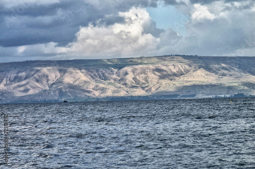 Sea of Galilee with Golan Heights and cloudy sky