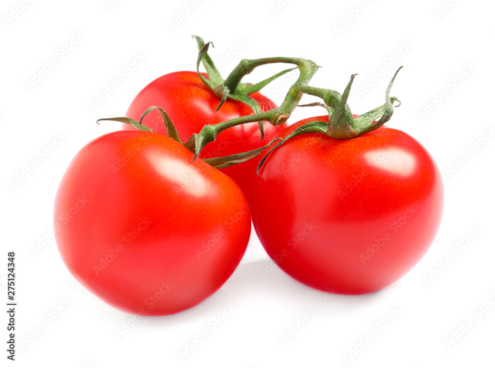Branch of fresh cherry tomatoes isolated on white Branch of fresh cherry tomatoes isolated on white