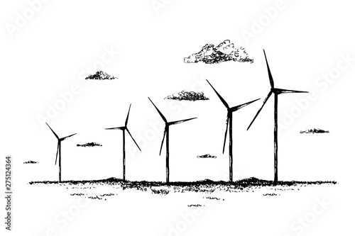 Wind energy generators hand drawn landscape sketch. Alternative energy sources.