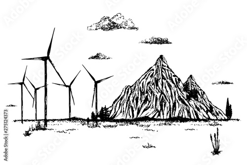 Renewable energy sources. Wind energy generators hand drawn landscape sketch