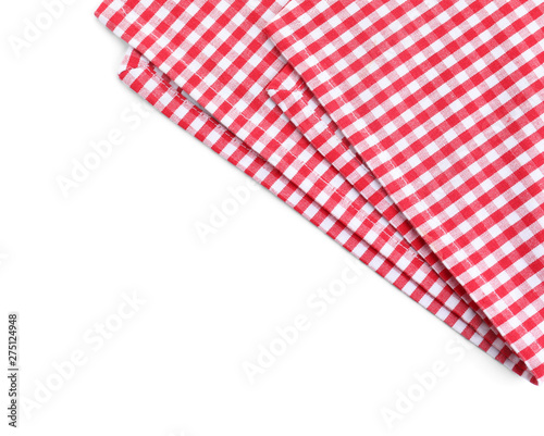Classic red checkered tablecloth isolated on white, top view