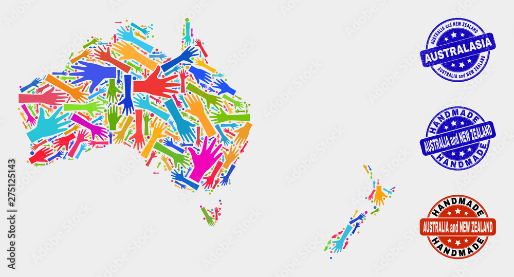 Vector handmade composition of Australia and New Zealand map and corroded watermarks. Mosaic Australia and New Zealand map is designed with scattered bright colorful hands.