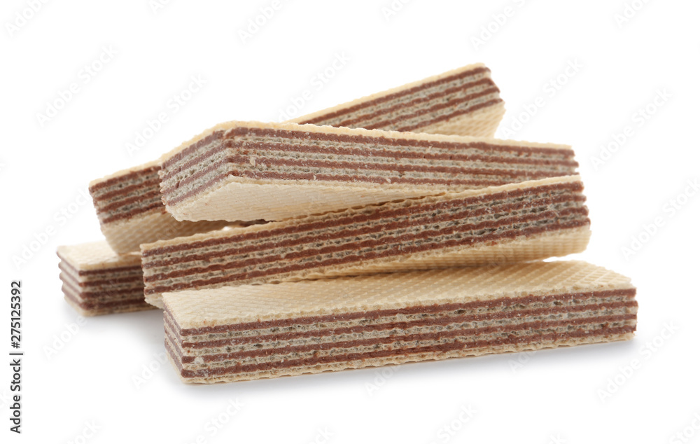 Delicious crispy wafers on white background. Sweet food Delicious crispy wafers on white background. Sweet food