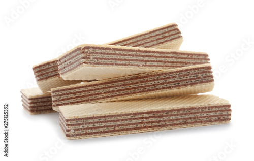 Delicious crispy wafers on white background. Sweet food