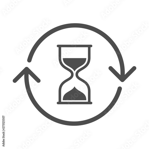 bowed hourglass with round arrows vector icon for web and ui design. sand watch or hourglass flat icon isolated on white background. waiting time