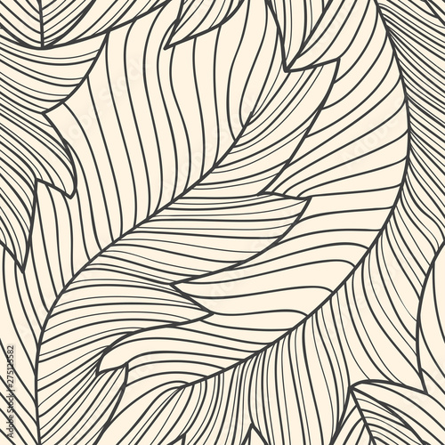 Linear engraving banana leaves seamless pattern, repeating floral pattern