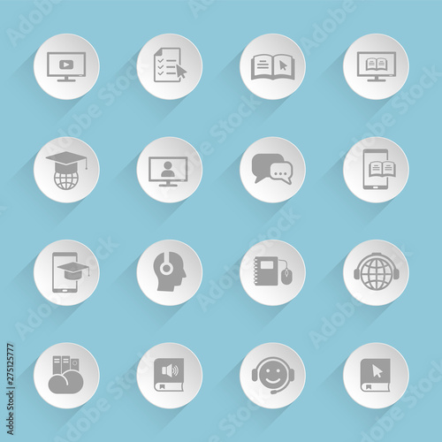 e learning gray vector icons on round puffy paper circles with transparent shadows on blue background for web, mobile and user interface design