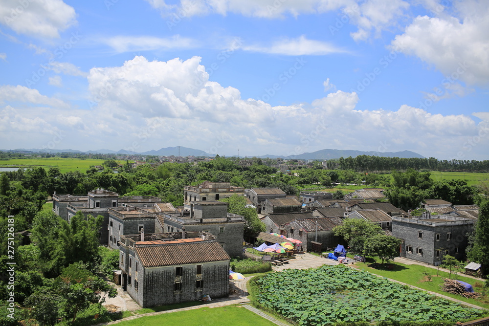 the bird view of chinese traditional village,rural landscape around at Kaiping Diaolou site or watchtower site,  unesco world heritage site