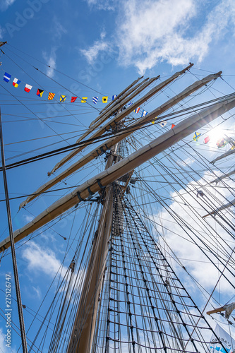 The middle mast with the six sails of tall ship Cisne Branco in the harbour of Scheveningen during the Sail on Scheveningen, Netherlands