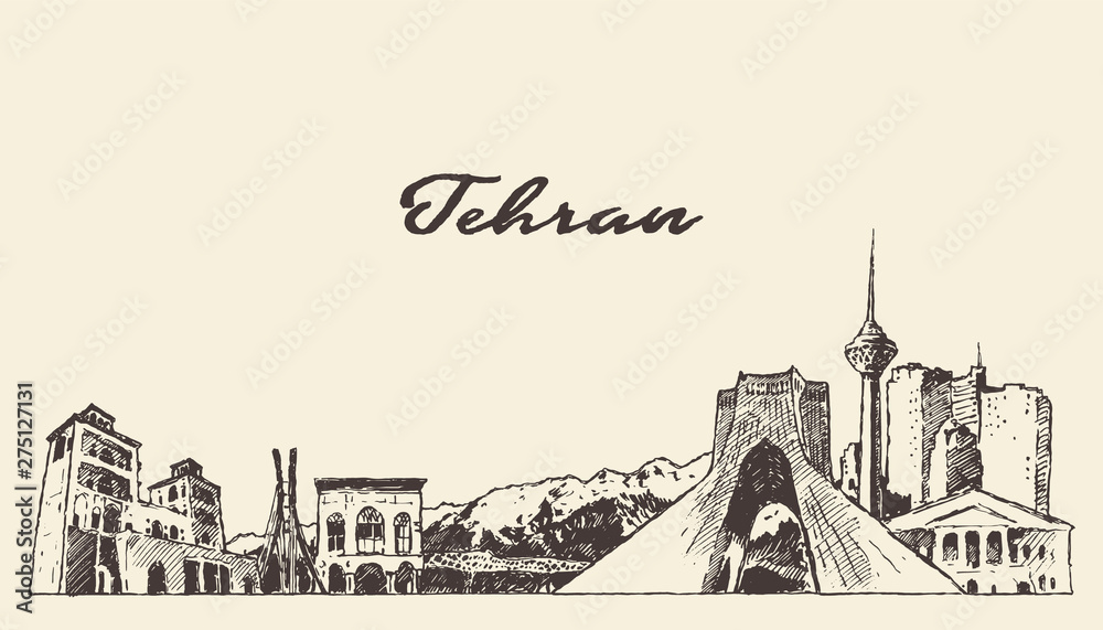 Tehran skyline Iran drawn vector linear art sketch