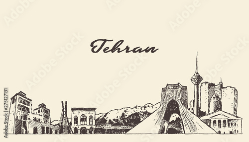 Tehran skyline Iran drawn vector linear art sketch
