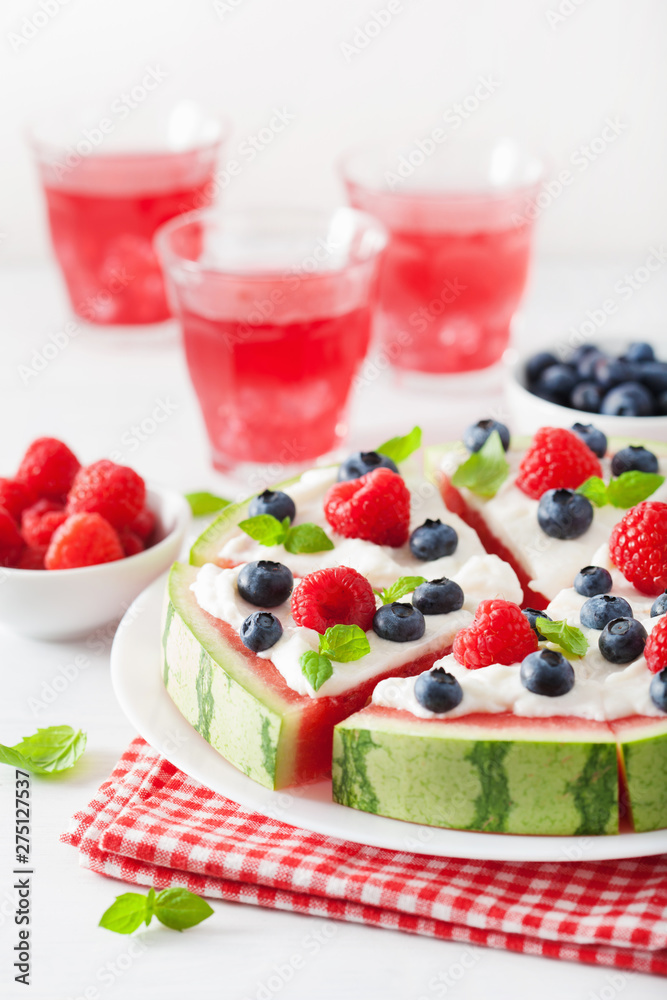 watermelon pizza slices with yogurt and berries, summer dessert watermelon pizza slices with yogurt and berries, summer dessert