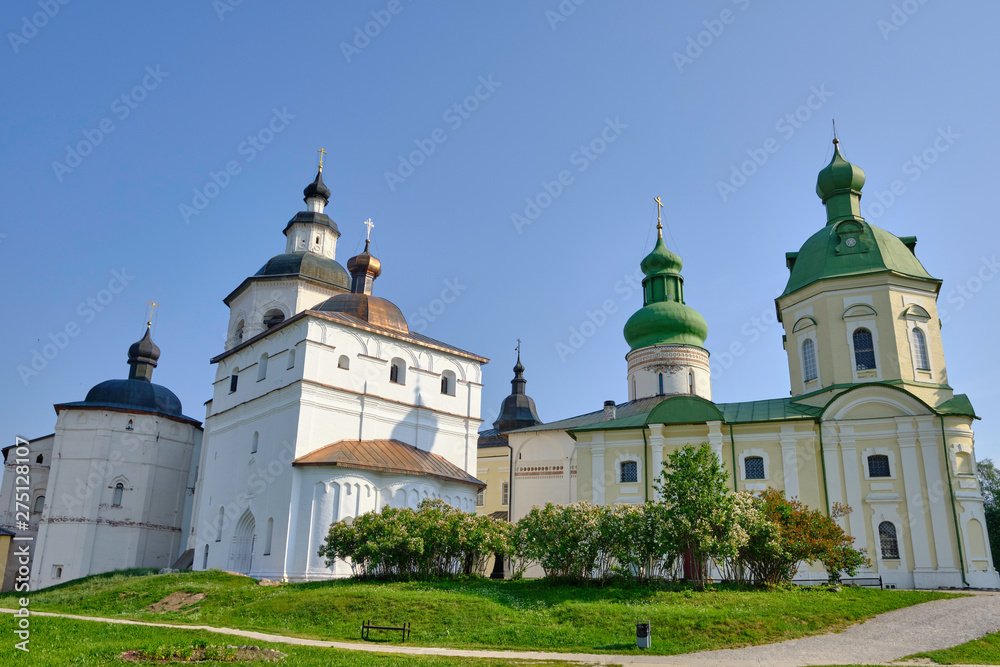 Scenic view of cathedral in old Cyril-Belozersky Monastery in Kirillov. Beautiful summer sunny look of ancient orthodox temple in center of monastery in Vologodskaya oblast in Russian Federation