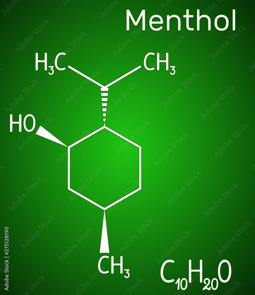 Menthol molecule, is found in peppermint and spearmint. It gives a cooling sensation, relieves minor pain and irritation. Structural chemical formula on the green background Menthol molecule, is found in peppermint and spearmint. It gives a cooling sensation, relieves minor pain and irritation. Structural chemical formula on the green background