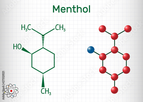 Menthol molecule, is found in peppermint and spearmint. It gives a cooling sensation. Sheet of paper in a cage. Structural chemical formula and molecule model