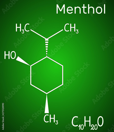 Menthol molecule, is found in peppermint and spearmint. It gives a cooling sensation, relieves minor pain and irritation. Structural chemical formula on the green background