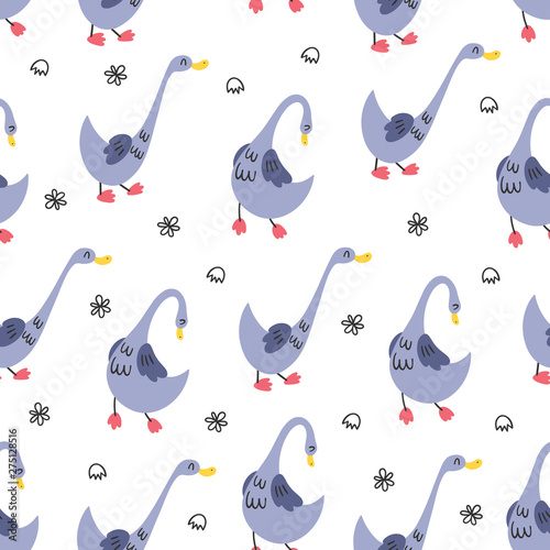 Vector seamless pattern with cute cartoon ducks. Character bird.