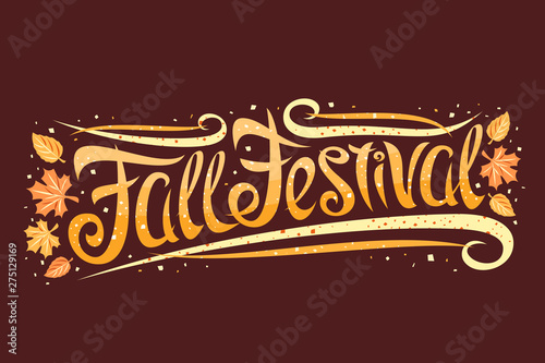 Vector greeting card for Fall Festival, curly calligraphic font with autumn leaves and decorative elements, template with swirly creative lettering for words fall festival on dark brown background.
