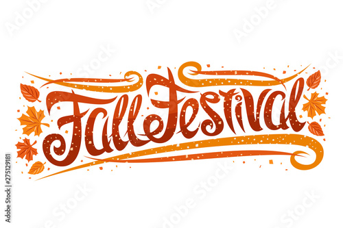 Vector greeting card for Fall Festival, curly calligraphic font with autumn leaves and decorative elements, template with swirly elegant lettering for words fall festival on white background.
