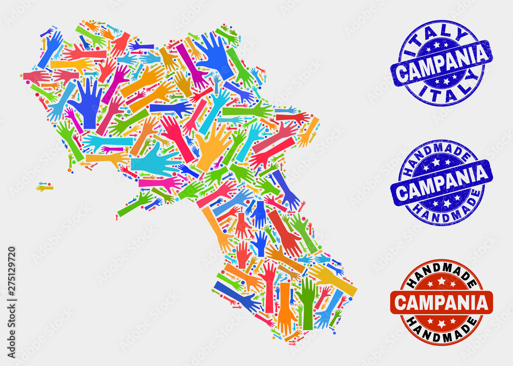 Vector handmade composition of Campania region map and rubber seals. Mosaic Campania region map is created with randomized bright colorful hands. Rounded seals with distress rubber texture. Vector handmade composition of Campania region map and rubber seals. Mosaic Campania region map is created with randomized bright colorful hands. Rounded seals with distress rubber texture.