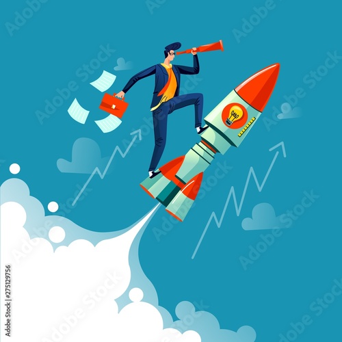 Businessman flying on rocket on background of sky