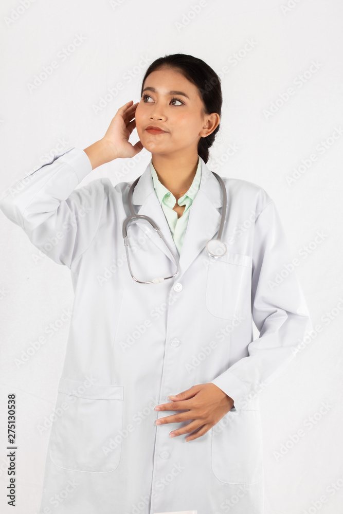 closeup portrait on Asian medicine doctor woman isolated white background. closeup portrait on Asian medicine doctor woman isolated white background.