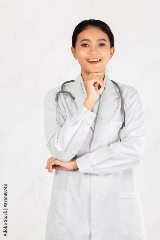closeup portrait on Asian medicine doctor woman isolated white background. closeup portrait on Asian medicine doctor woman isolated white background.