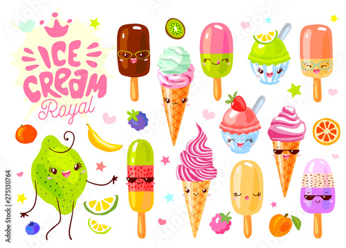 Cute ice cream frozen juice ice lolly funny characters set. Isolated on white background. Smiling cartoon happy face kids style collection. Hand drawn vector illustration.