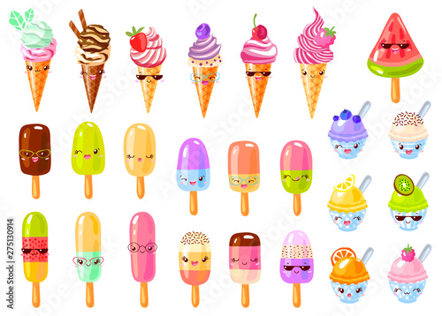 Cute ice cream frozen juice ice lolly funny characters set. Isolated on white background. Smiling cartoon happy face kids style collection. Hand drawn vector illustration.