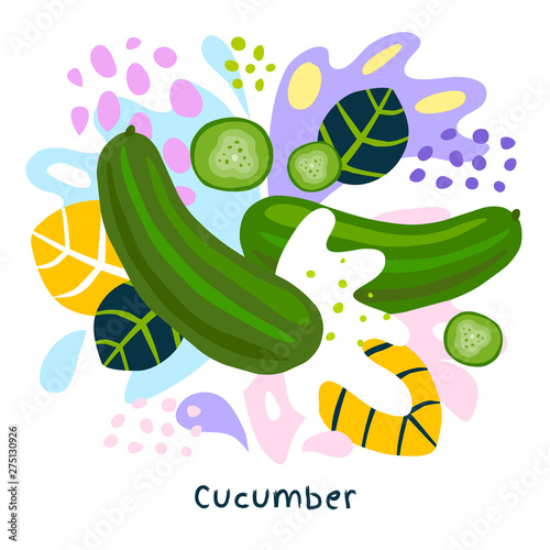 Fresh green cucumber vegetable juice splash organic food juicy vegetables splatter on abstract background vector hand drawn illustrations