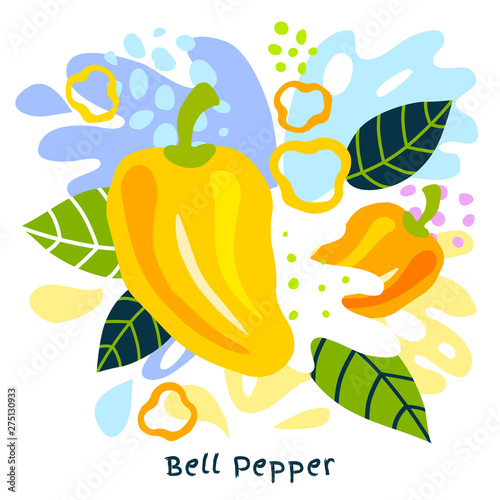 Fresh bell pepper vegetable juice splash organic food juicy vegetables splatter on abstract background vector hand drawn illustrations