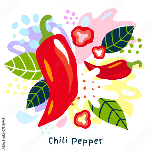 Fresh chili pepper vegetable juice splash organic food juicy vegetables splatter on abstract background vector hand drawn illustrations