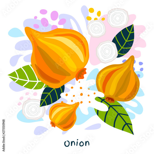 Fresh onion vegetable juice splash organic food juicy vegetables splatter on abstract coloful splatter splash background vector hand drawn illustrations
