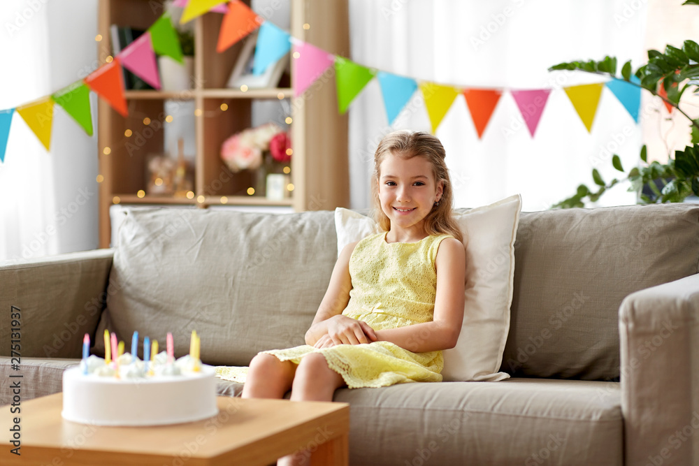 childhood and celebration concept - happy birthday girl with cake at home party childhood and celebration concept - happy birthday girl with cake at home party