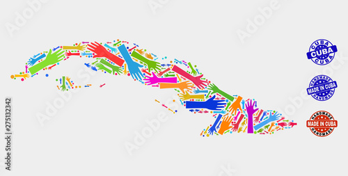 Vector handmade composition of Cuba map and unclean watermarks. Mosaic Cuba map is constructed with scattered bright colorful hands. Rounded watermarks with unclean rubber texture.