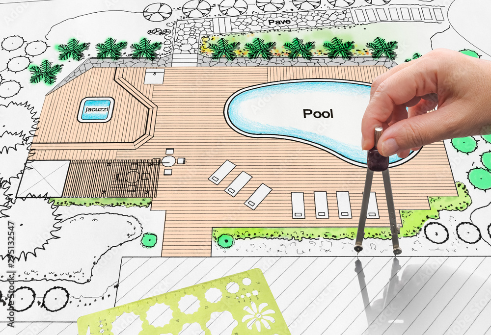 Landscape architect design backyard pool plan for hotel - obrazy, fototapety, plakaty 