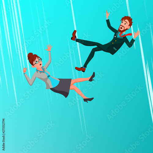 Character Man And Woman Fall After Mistake Vector. Businessman And Young Woman Drop Down From Sky After Being Fired Or Make Mistake In Work Job. Economic Crisis Flat Cartoon Illustration