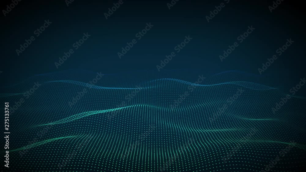 A futuristic wave of coloured blue dots changing shape against a dark blue background