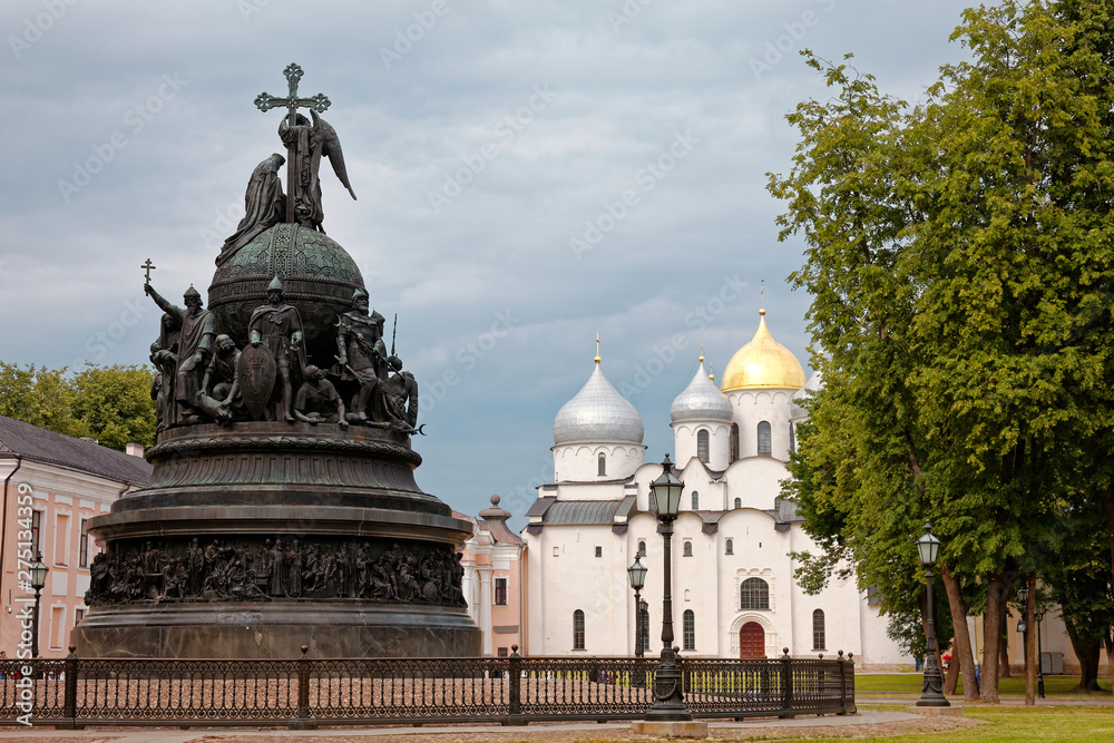 Monument Millennium of Russia on the background of St Sophia Cathedral, Veliky Novgorod, Russia.