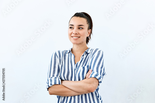  Thoughtful, thinking emotion concept. Brunette girl face portrait on white backgound.