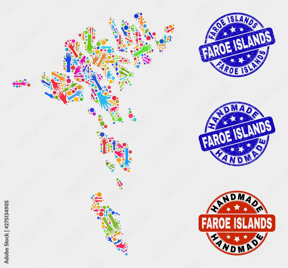 Vector handmade composition of Faroe Islands map and scratched stamp seals. Mosaic Faroe Islands map is composed with random bright colorful hands. Rounded stamp imprints with unclean rubber texture. Vector handmade composition of Faroe Islands map and scratched stamp seals. Mosaic Faroe Islands map is composed with random bright colorful hands. Rounded stamp imprints with unclean rubber texture.